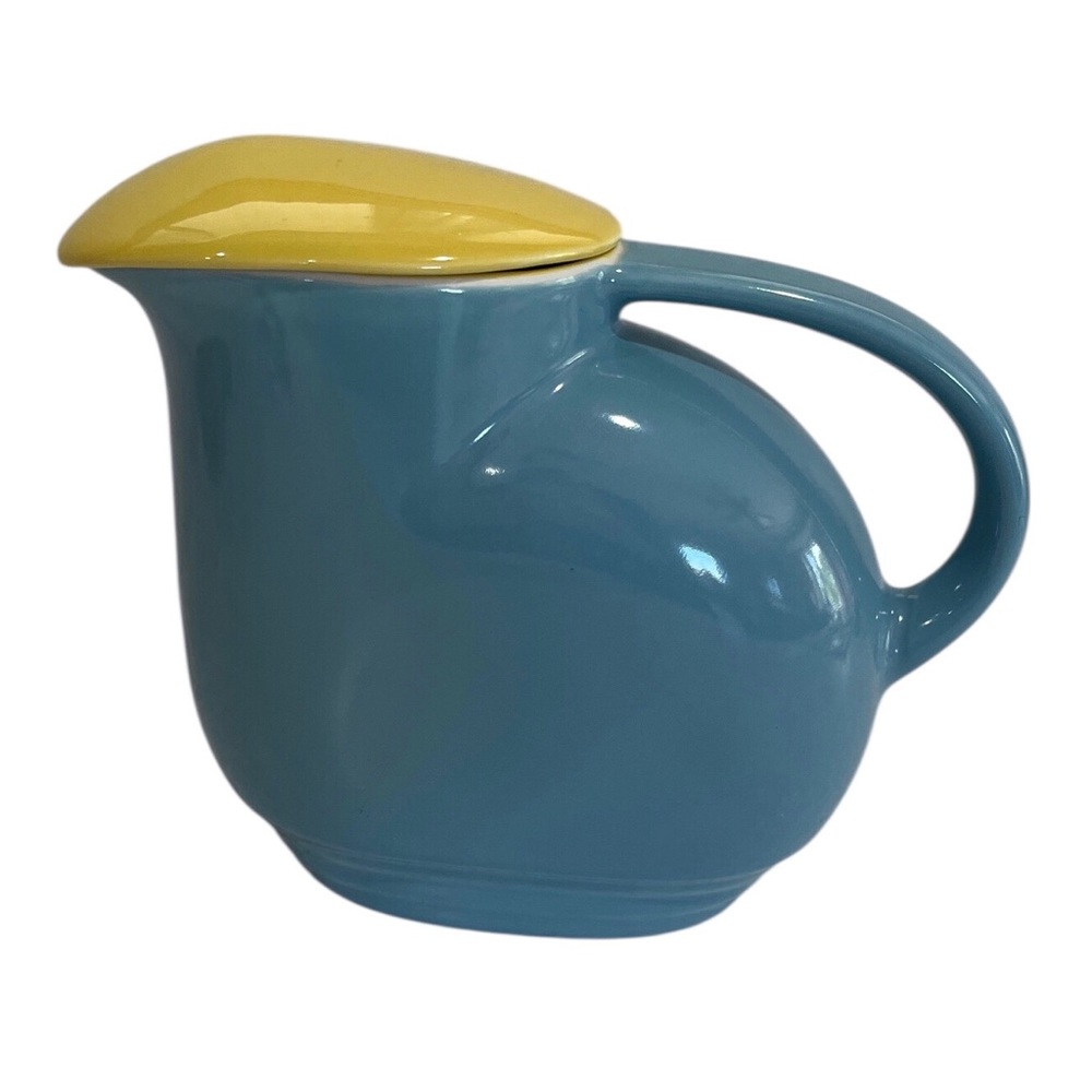 Vtg Westinghouse Adonis Blue and Daffodil Pitcher w/Lid HALL CHINA Co
